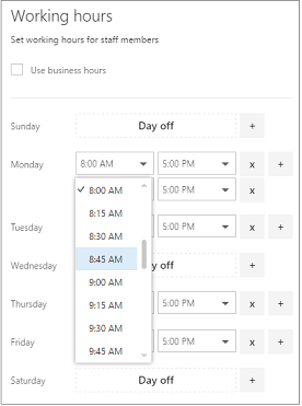 Working hours with start time dropdown