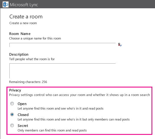 Screenshot of Create a chat room window with membership options highlighted
