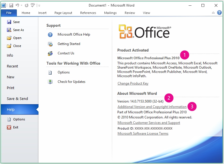 Product information after click File > Help in Word 2010
