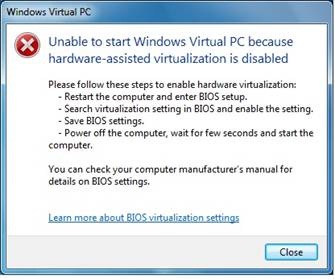 error on your own windows 7 virtual pc