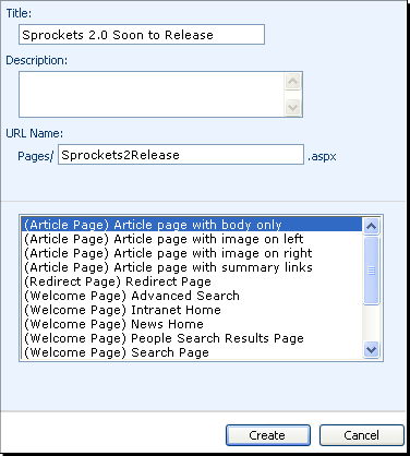 Dialog box showing list of publishing page layouts