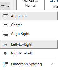 The menu for aligning text in OneNote for the web.