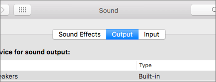 Screenshot of Sound preferences for macOS with Output pane selected.