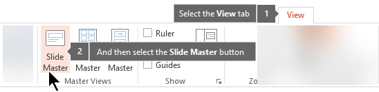 The View tab in PowerPoint, where you can switch to Slide Master view