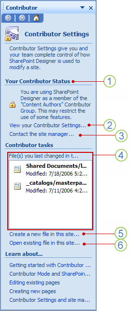 Contributor task pane as it appears to the Content Authors Contributor group