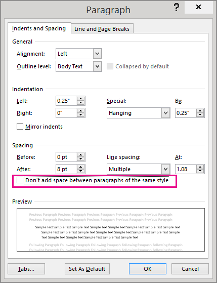 The Don't add space between paragraphs option is highlighted in the Paragraph dialog box.