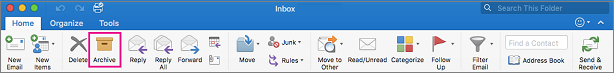 Outlook ribbon with Archive button highlighted