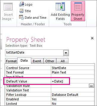 Property Sheet showing the Default Value property set to Date().