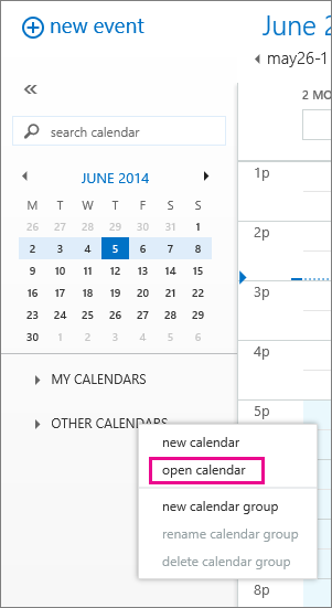 Screenshot showing how to open another calendar in Outlook Web App