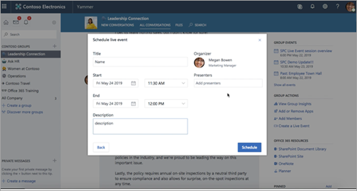 Yammer page for scheduling a new live event