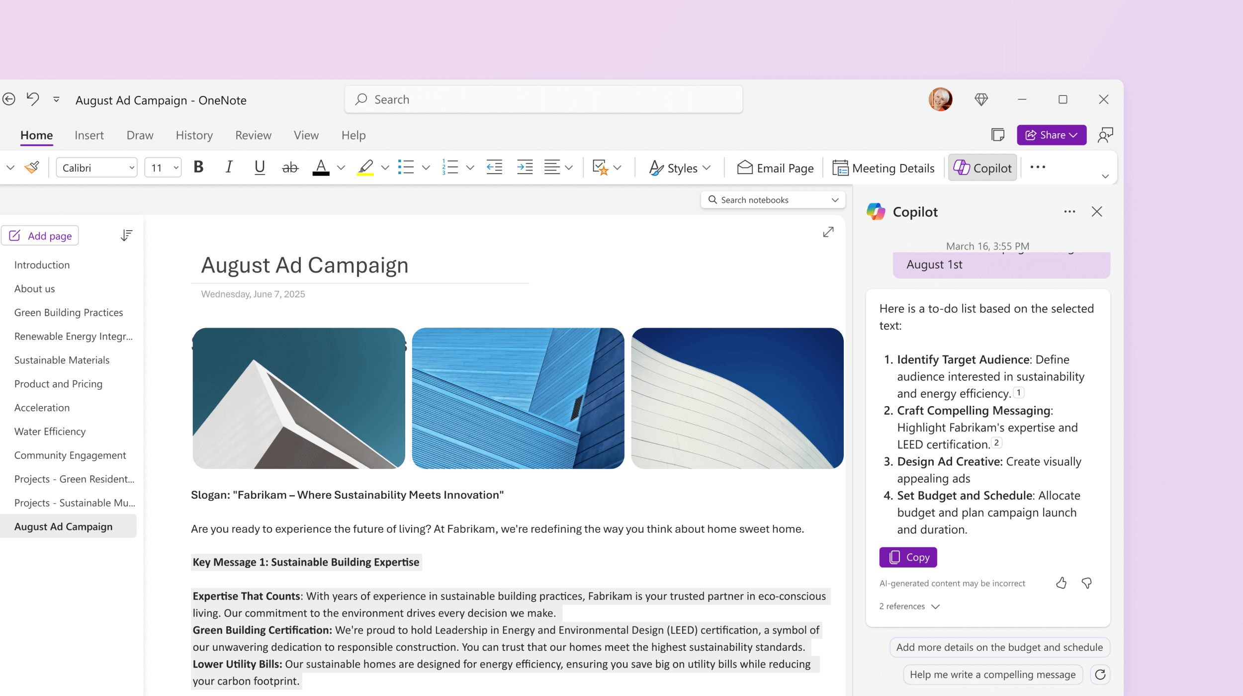 Screenshot shows Copilot in OneNote making a to do list.