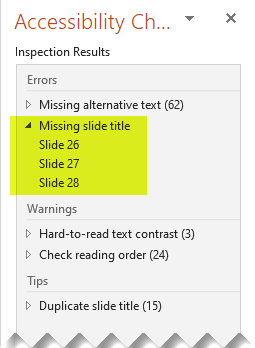 Accessibility Checker reports on whether your presentation has missing slide titles.