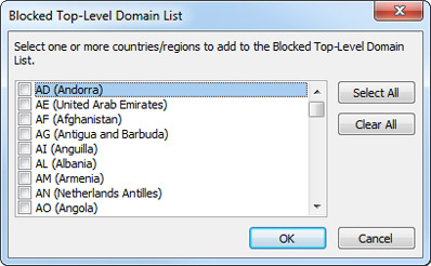 Blocked Top-Level Domain List dialog box