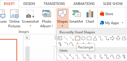 You can select a shape, such as a rectangle, in the Shapes section of the Illustrations group.