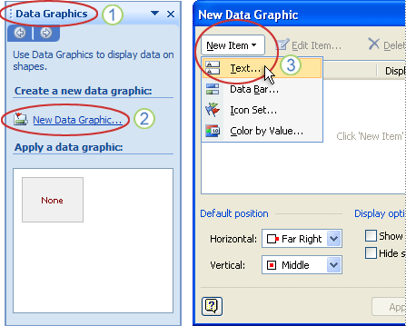 the data graphics task pane and the new data graphic dialog box.