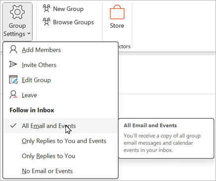 Select Group settings from the ribbon and then select which items you'd like to follow or unfollow