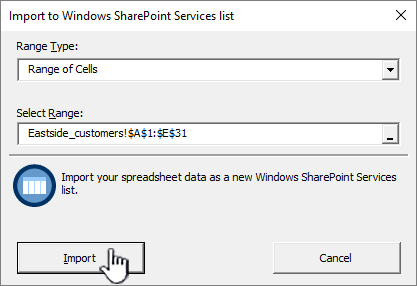 Import to spreadsheet dialog with Import highlighted
