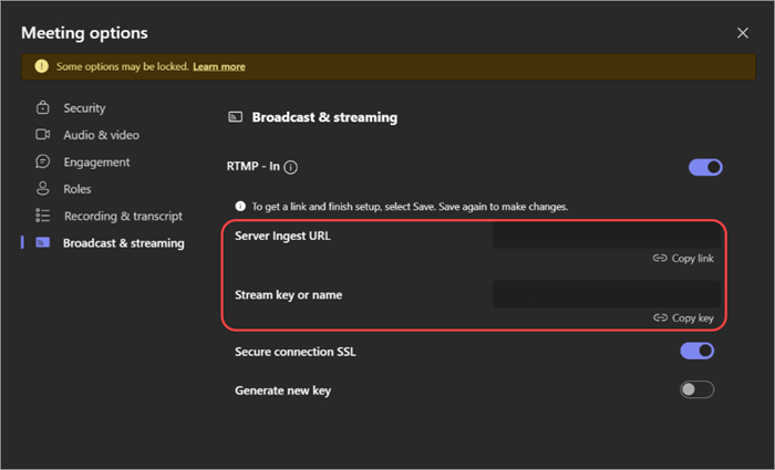 Screenshot showing RTMP-In settings in meeting options.