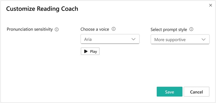 screenshot showing detailed options for reading coach, including pronunciation sensitivity, voice and prompt style.
