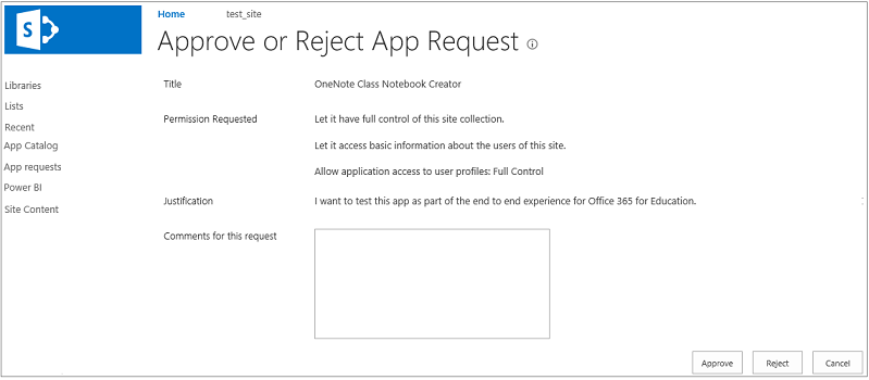 Screen shot showing the Approve or Reject App Request dialog box