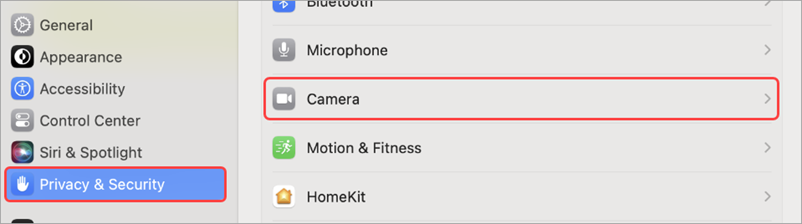 Mac OS settings with camera UI highlighted