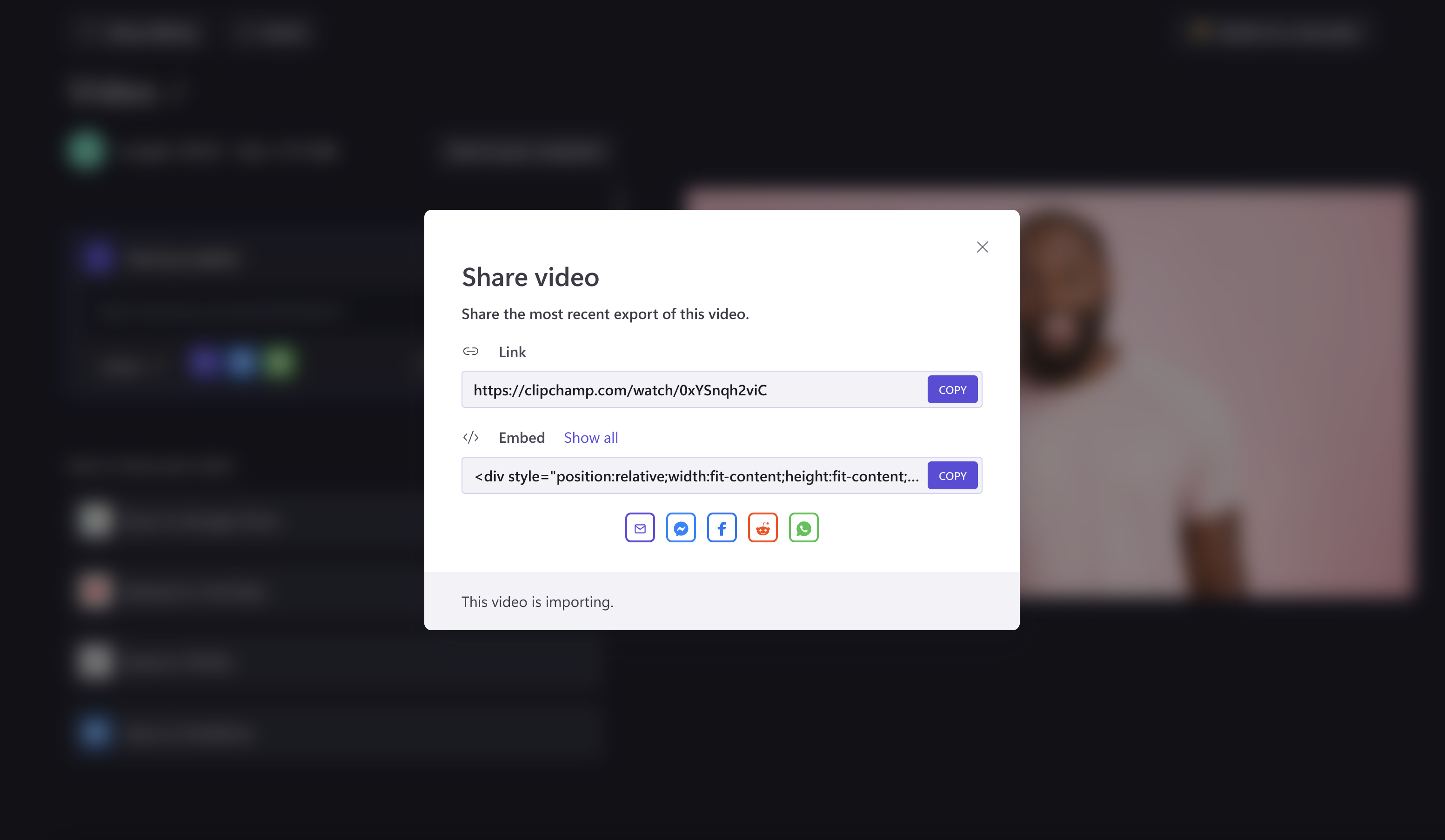 An image of Clipchamp share video link options