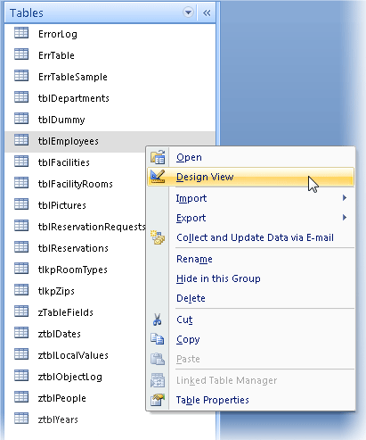 shortcut menu of a table