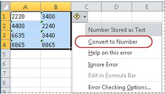 excel remove number stored as text error