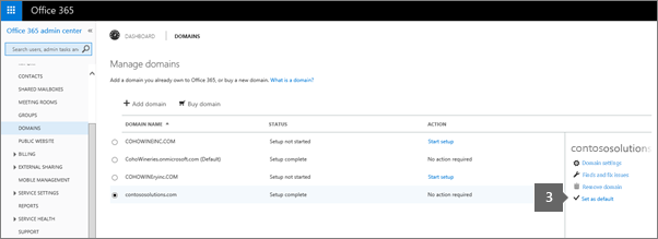 On the Manage domains page, choose Set as default