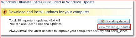 Välj 'Visa uppdateringar' i tillgängliga delar av Windows Update-fönstret.