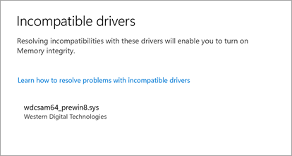 The Windows memory integrity feature showing that a driver is incompatible