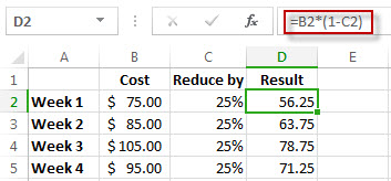 Percentage results in column D