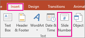 shows the slide number button on the ribbon in powerpoint