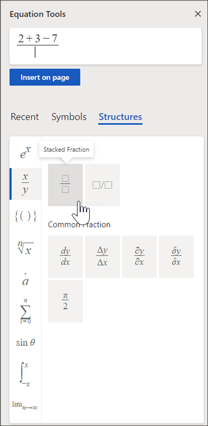 Side panel of Equation Tools that holds a box where you draft your equation and a library of structures and symbols