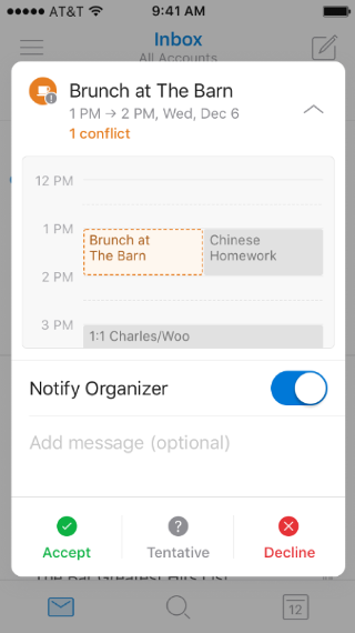 Shows a mobile screen, with an invitation on the calendar. The collapse arrow is at the top of the screen, pointing up.