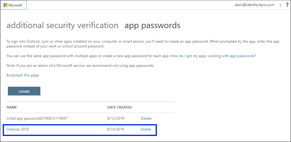 App passwords page, with new app shown in list