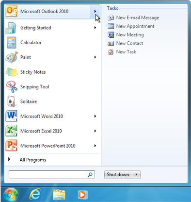 Jump List for Outlook 2010 pinned to the Windows 7 Start menu