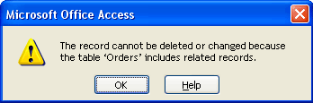 Message indicating that you cannot delete the Customers record