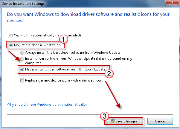 aggiornamento di Windows configurato per non installare mai i driver vista