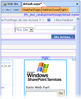 Quick Tag Selector showing Web Part zone selected