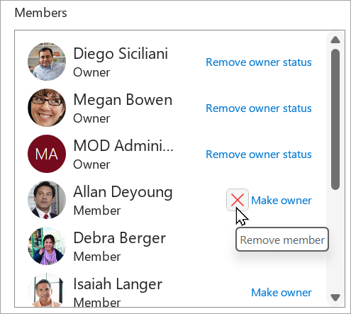 In the Members box, you can remove owner status, make a member an owner, or delete a member.