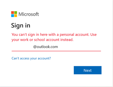 Screenshot of Outlook sign in error