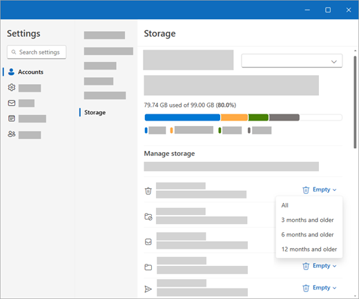 Screenshot of Outlook Settings > Storage