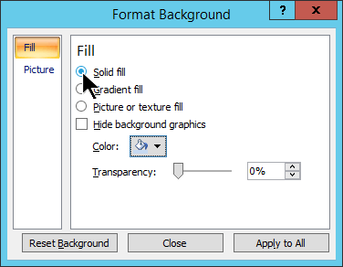 In the Format Background dialog box, select Solid Fill
