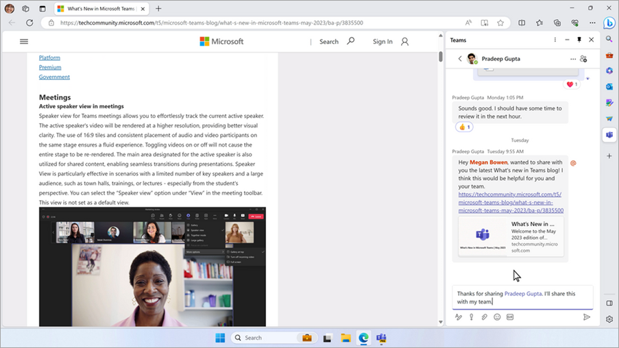 Teams chat displaying in Microsoft Edge browser