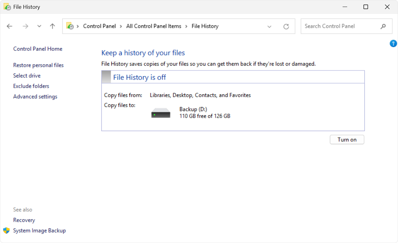 Screenshot of File History from the Control Panel.