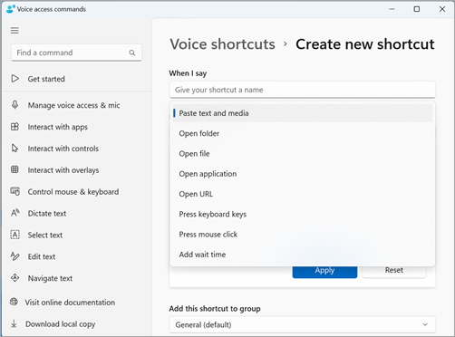 Create new shortcut page with drop-down list in Perform action(s) expanded. It shows the Type of actions enlisted.