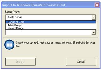 The Import dialog box with range of cells selected in the Range of cells list.