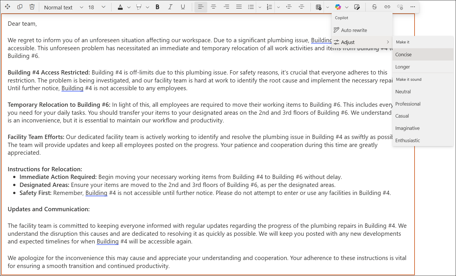 Screenshot of a lengthy text in sharepoing rich text editor.