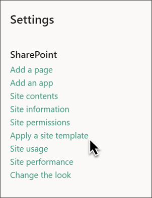 Image of the SharePoint settings panel with Apply site template highlighted